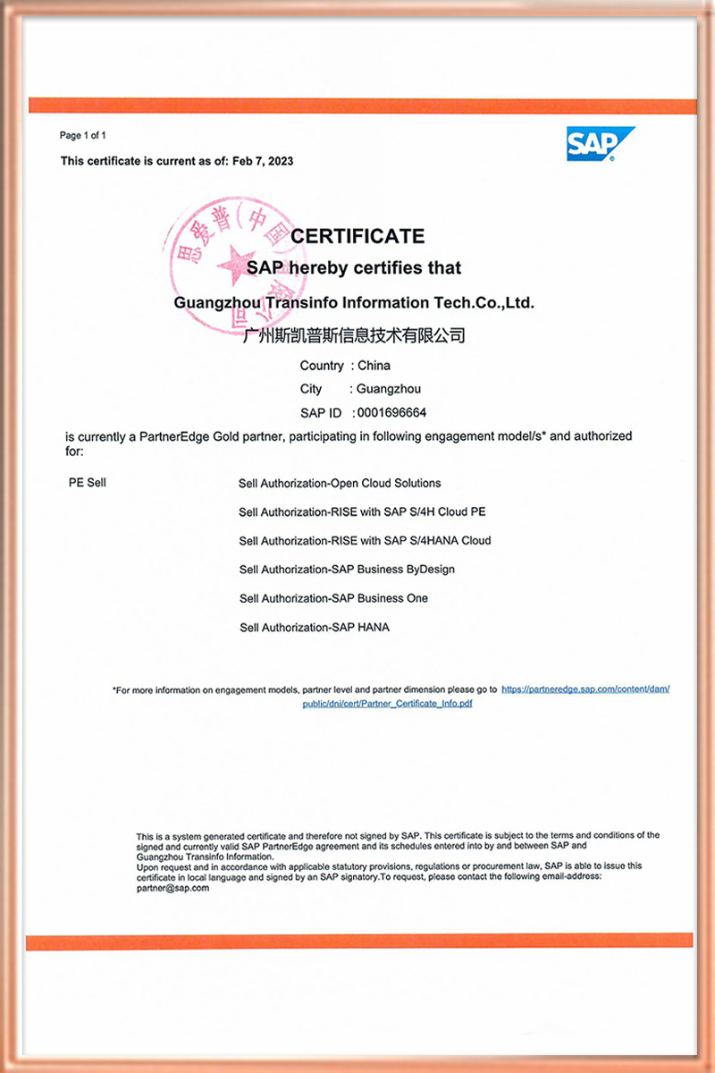 SAP金牌合作伙伴资质证书